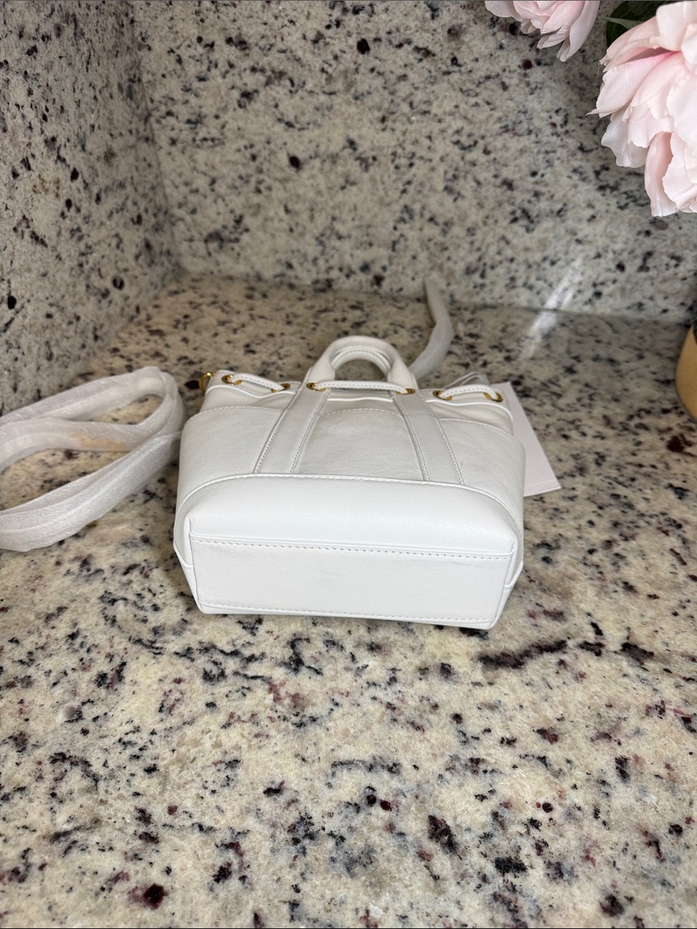 Veronica Beard “Mini Goody Bag” White Leather Drawstring Crossbody Bucket Bag. - Picture 11 of 16